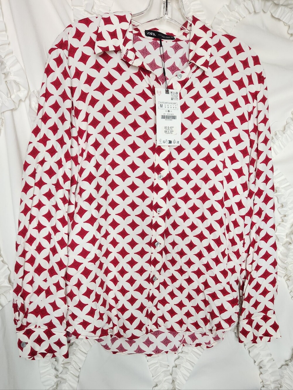Zara Geometric Button Up Red White Blouse sz Medium